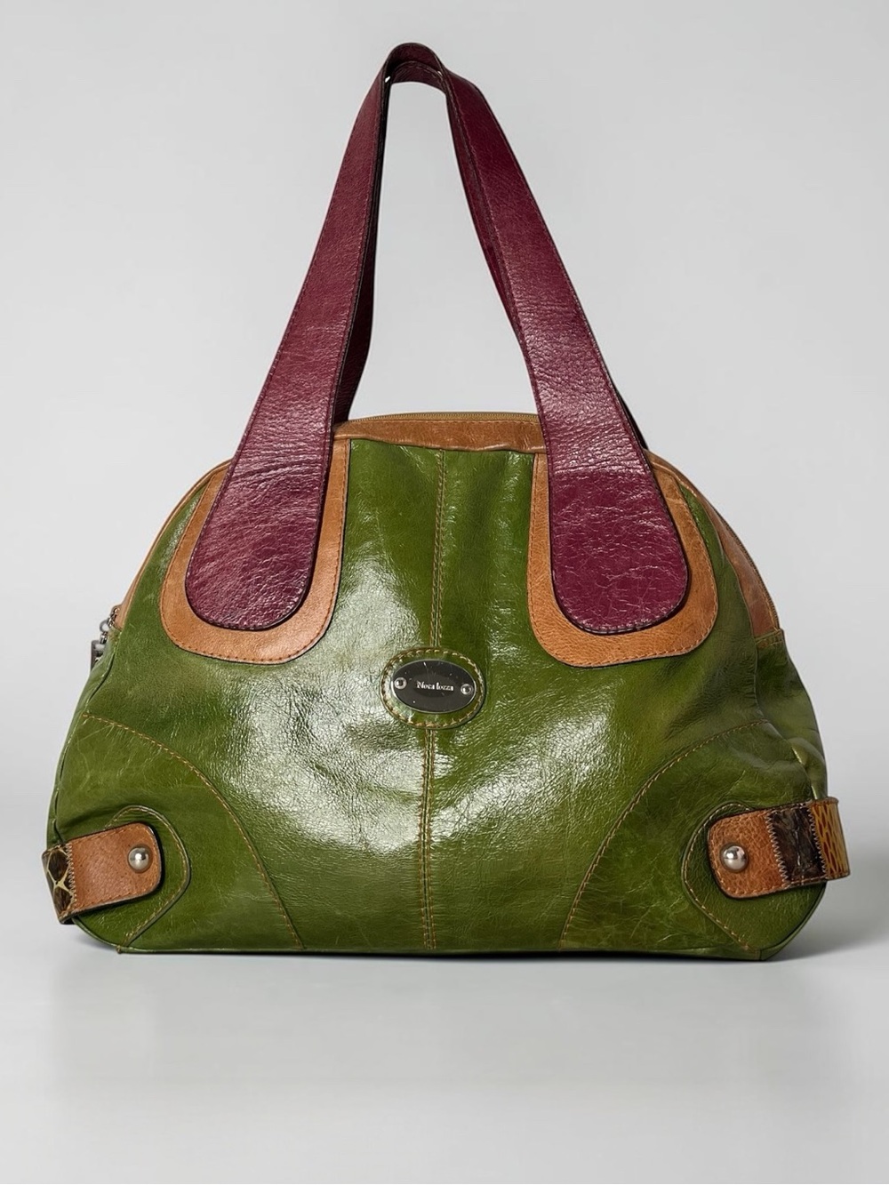 Nora Lozza Green Color Block Leather Satchel Tote Shoulder Bag RARE!